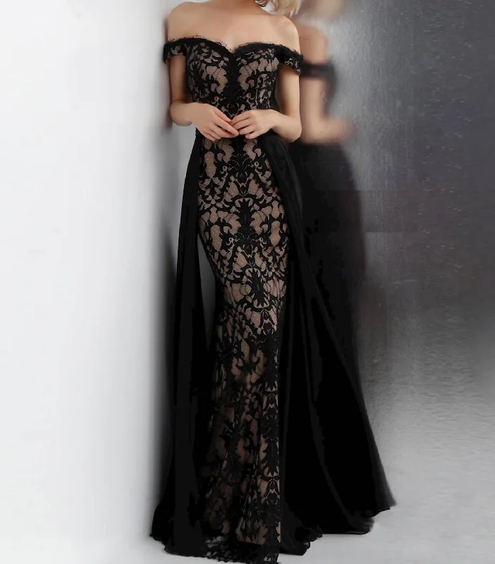 Off Shoulder Contrasting Lace Overskirt Gown In Black/nude