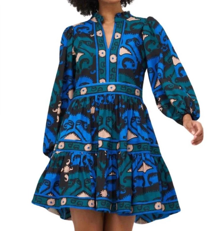 Yoke Mini Dress In Uzbek, Blue