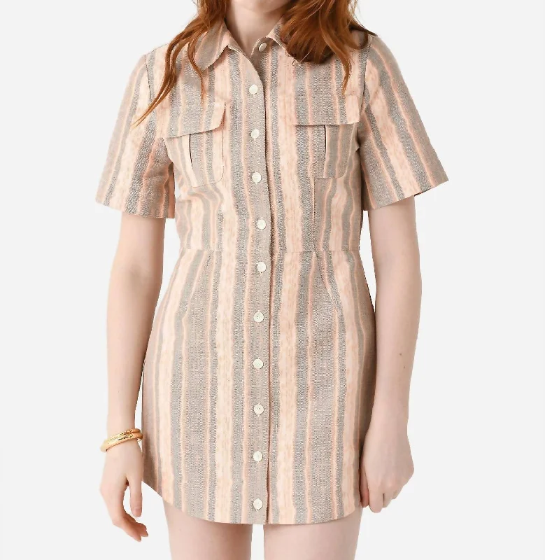 Cargo Button-Up Mini Shirt Dress In Orange Tie Dye Denim