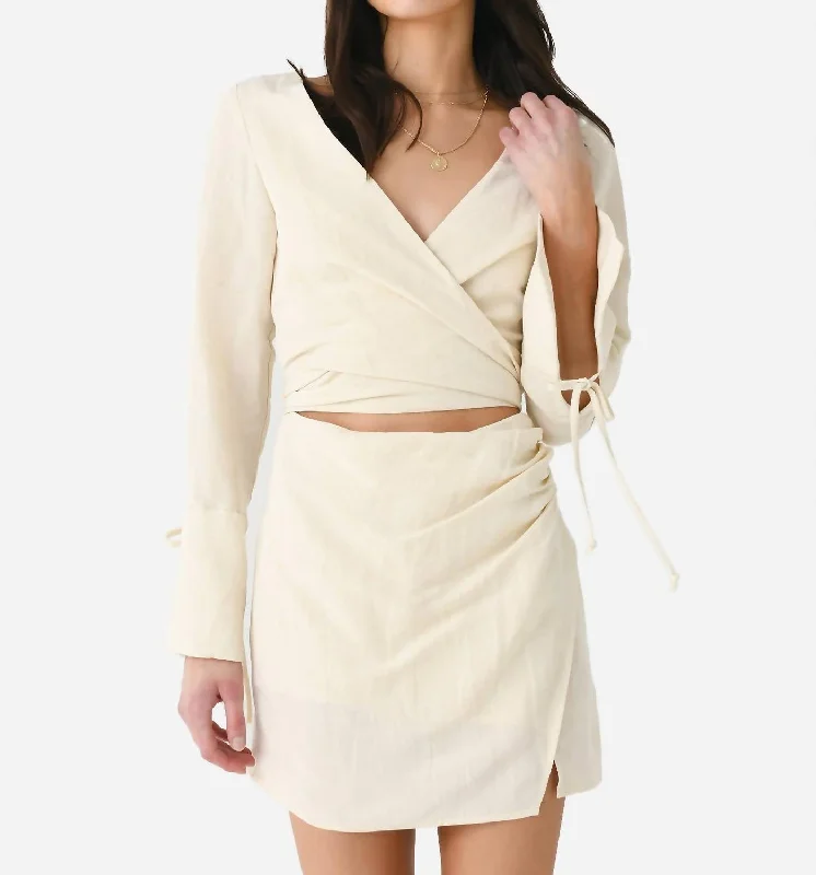 Long Sleeve Mini Wrap Dress In Beige Viscose Linen