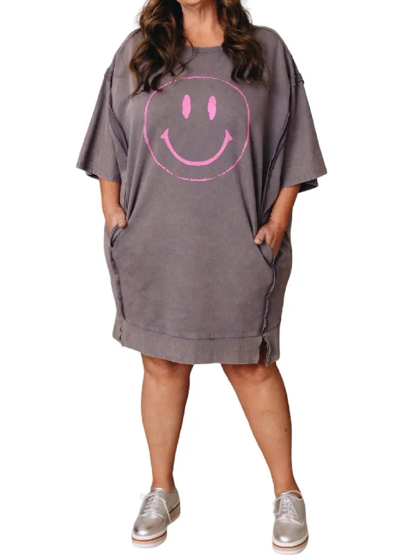 Smiley Face Knit Terry Mini Dress In Washed Charcoal