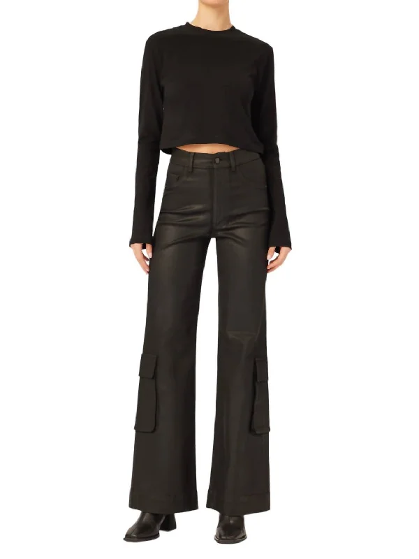 Hepburn Wide Leg High Rise Jean In Black Coated Cargo