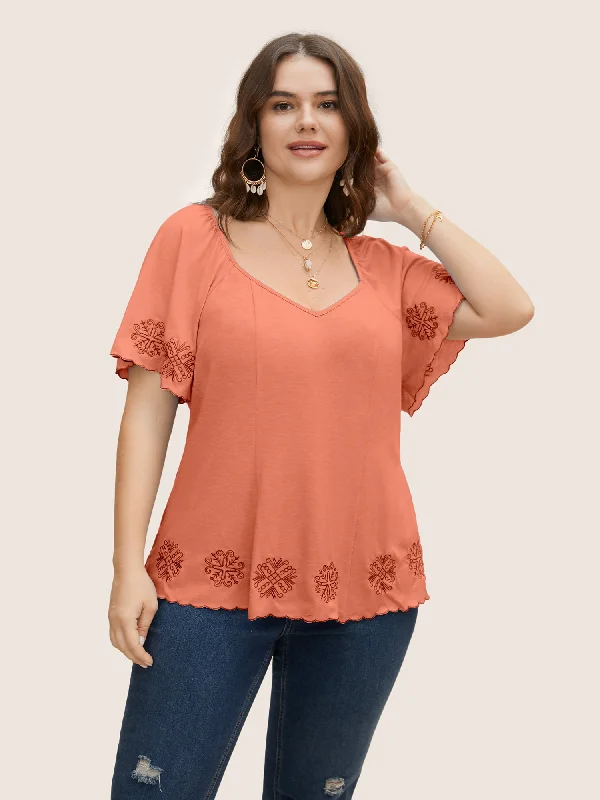 Bandana Floral Embroidered Ruffle Sleeve T-shirt