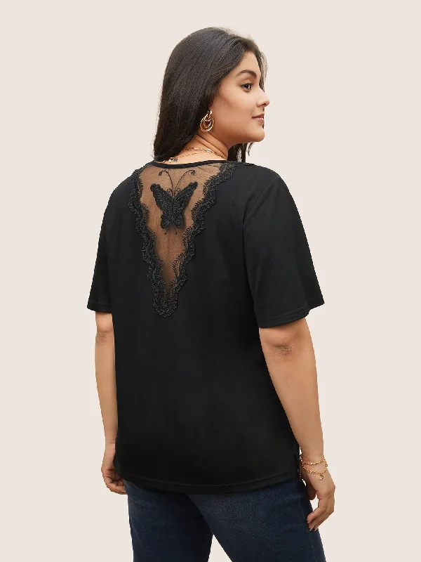 Butterfly Crochet Lace Mesh V Neck T-shirt