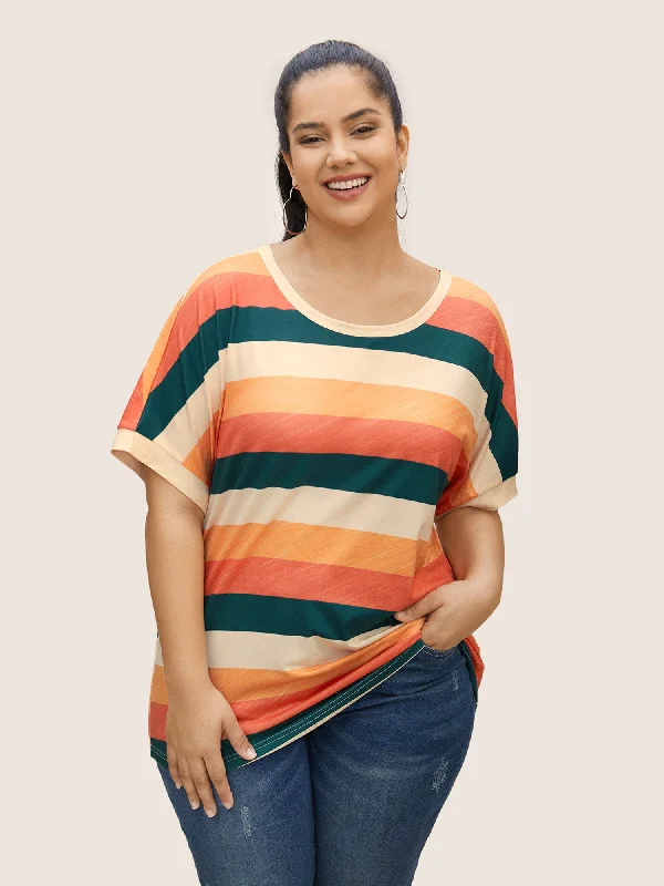 Colored Striped Crew Neck Batwing Sleeve T-shirt