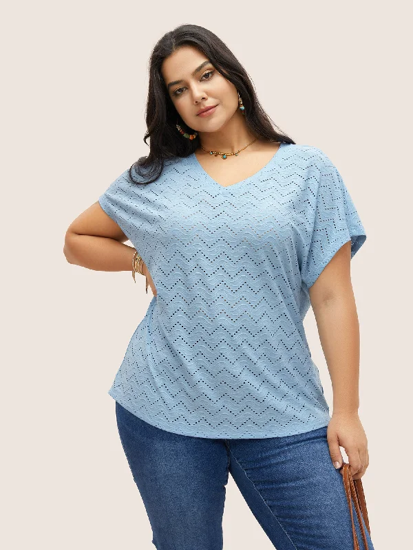 Plain Jacquard Pointelle Knit Batwing Sleeve T-shirt