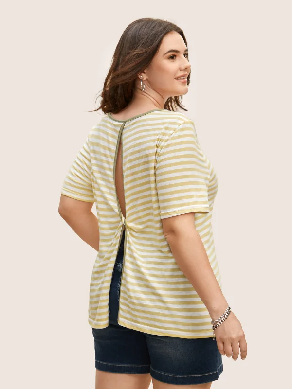 Striped Round Neck Twist Backless T-shirt