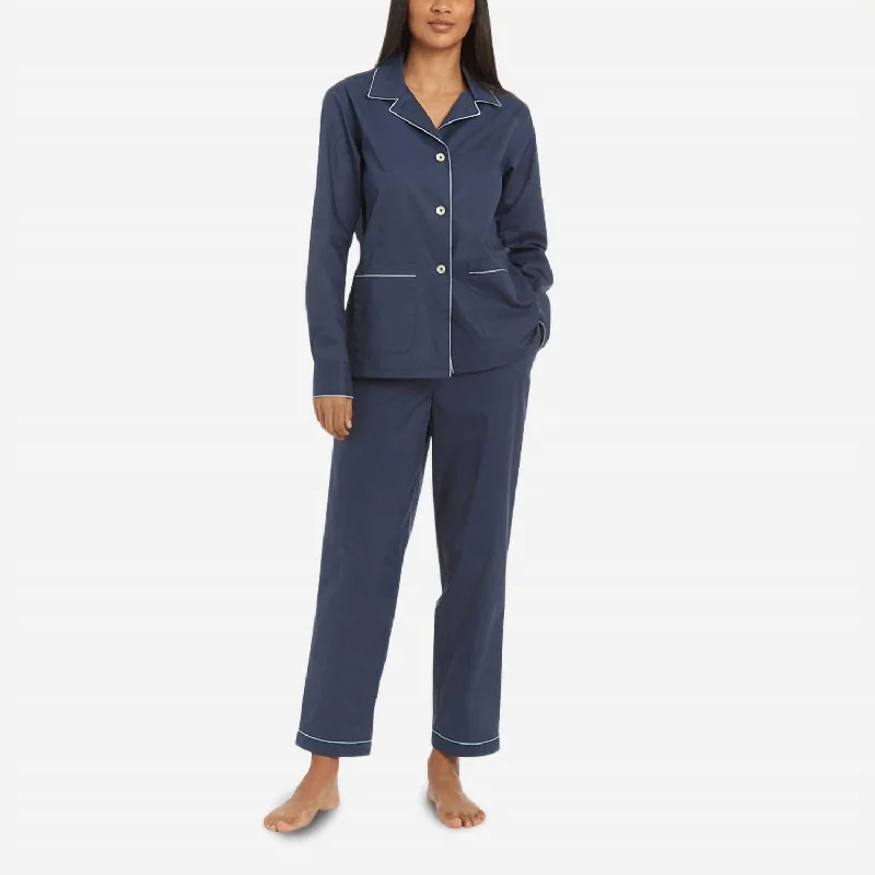 Organic Cotton Poplin Long Pajama Set In Navy