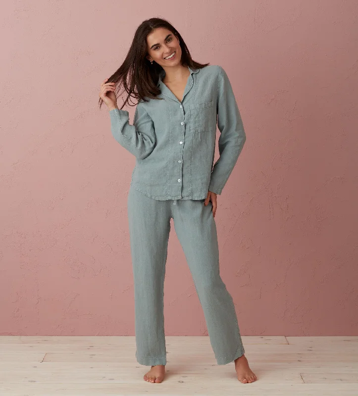 Teal Polly 100% Linen Pyjama Top