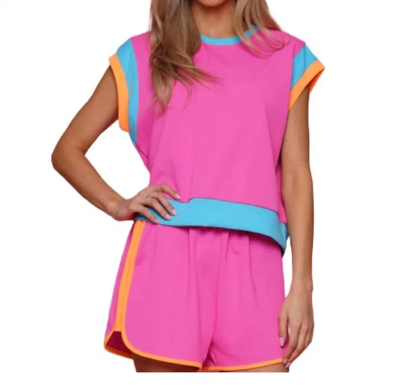 Wide Sleeve Color Block Set In Pink